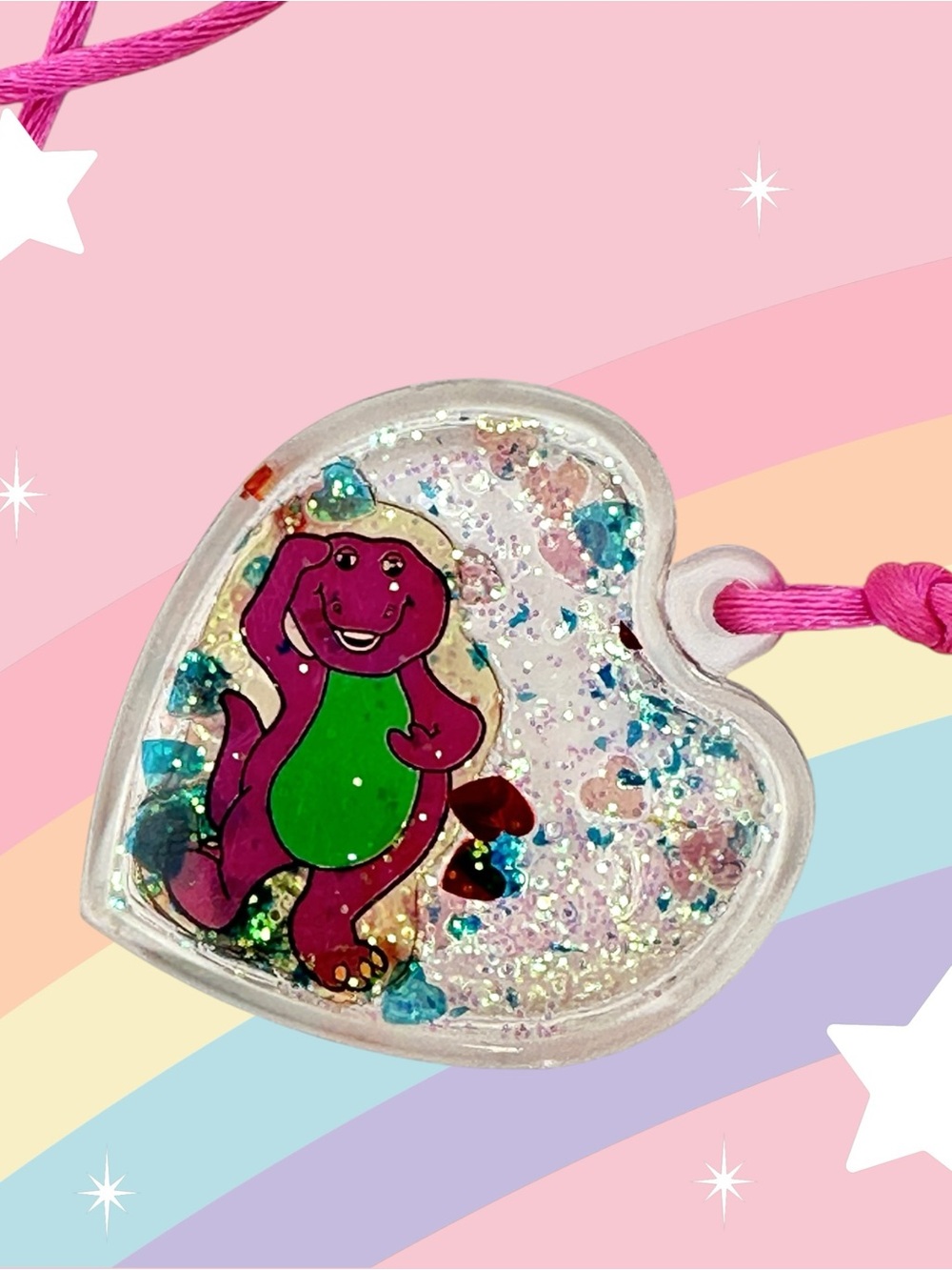 Millennial Kids Barney Dinosaur Glitter Heart Pendant Necklace Nostalgic Y2K PBS